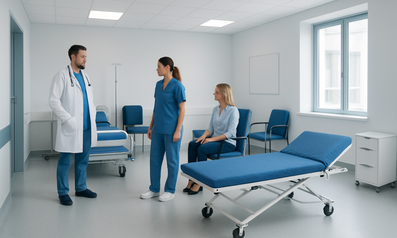 Medical team discussing patient care in a hospital room with a folding bed.