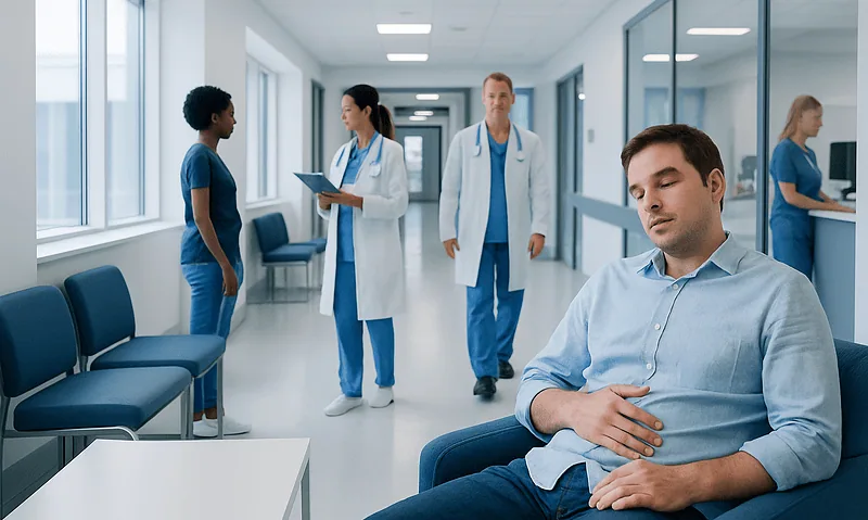 Patient experiencing food coma in hospital corridor with medical staff nearby.