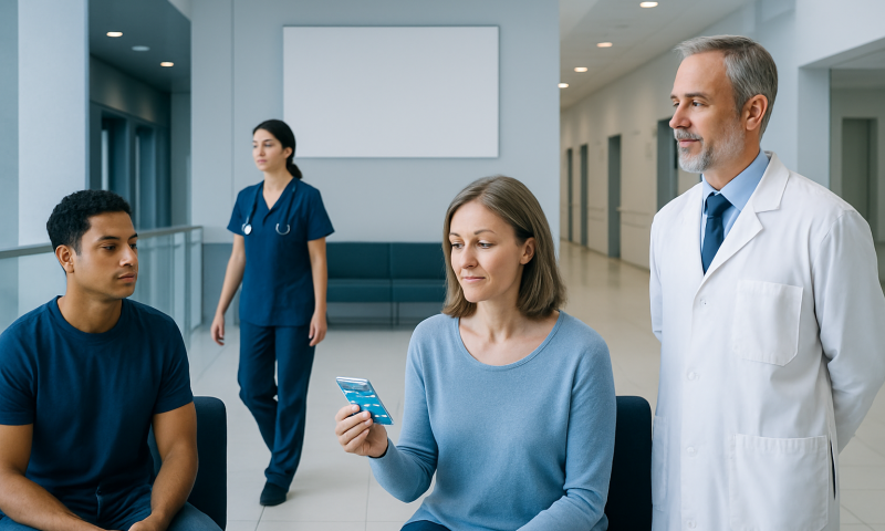 Doctor consulting with patients in a hospital waiting area.