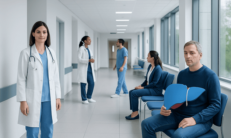 Medical consultation in hospital corridor with doctors and patients.