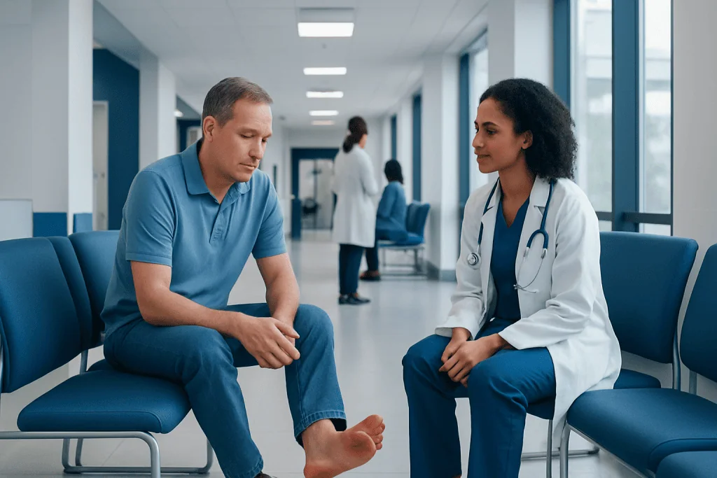 Foot Ulcer: What Patients Need to Know 1 Patient consulting with a doctor in a hospital corridor.