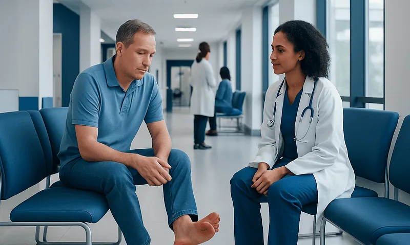 Patient consulting with a doctor in a hospital corridor.