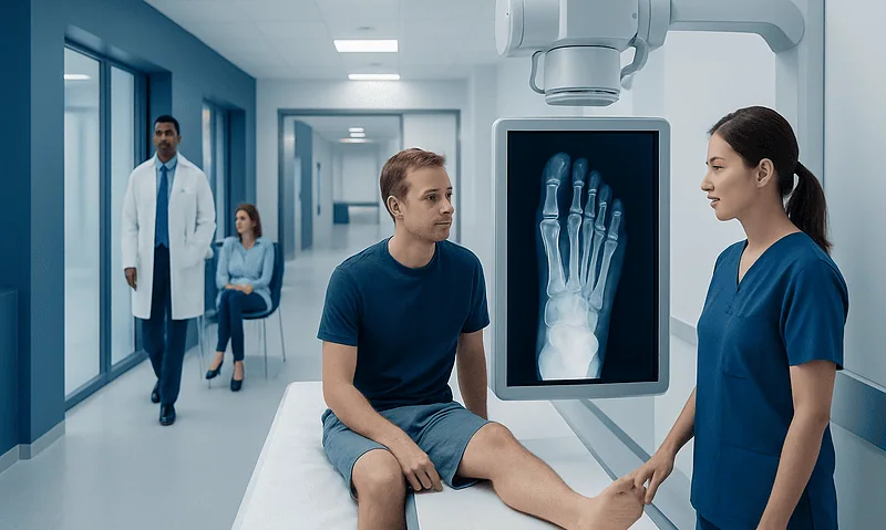 Patient's foot X-ray displayed on monitor in hospital setting.