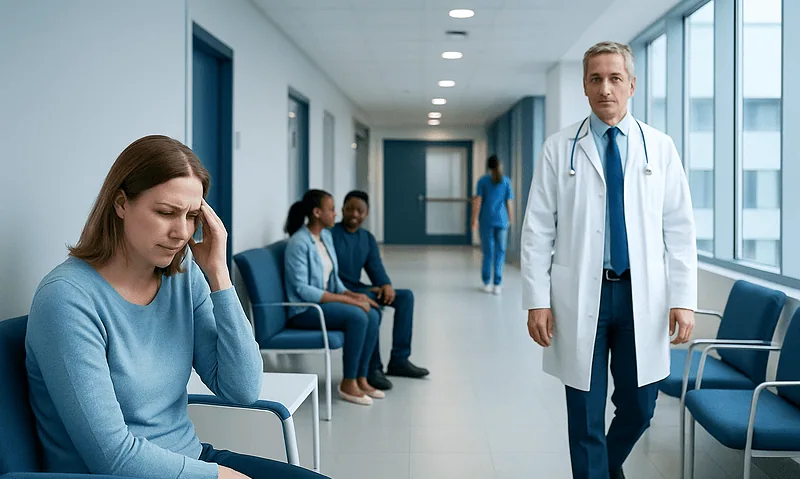 Patient experiencing headache in a hospital waiting area with medical staff nearby.