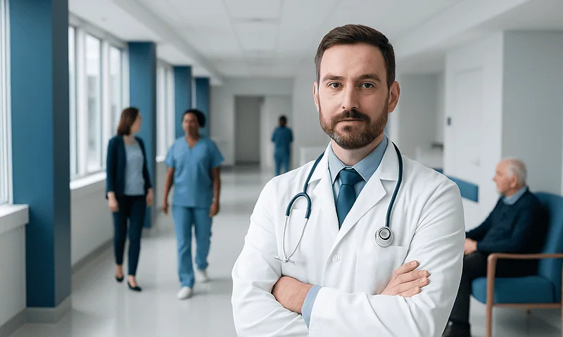 Confident male doctor in hospital corridor with medical staff and patient in background.