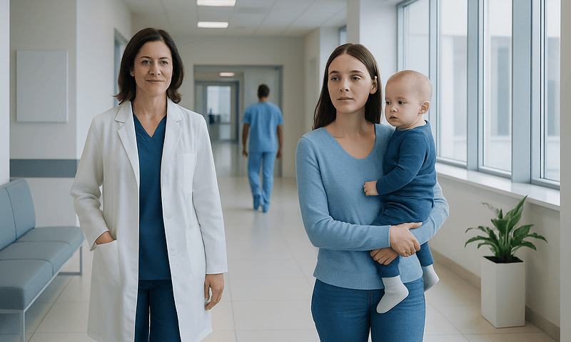 Mother and child in hospital corridor with healthcare professional nearby.
