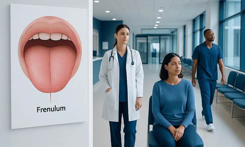 Medical consultation about frenulum in a hospital corridor.