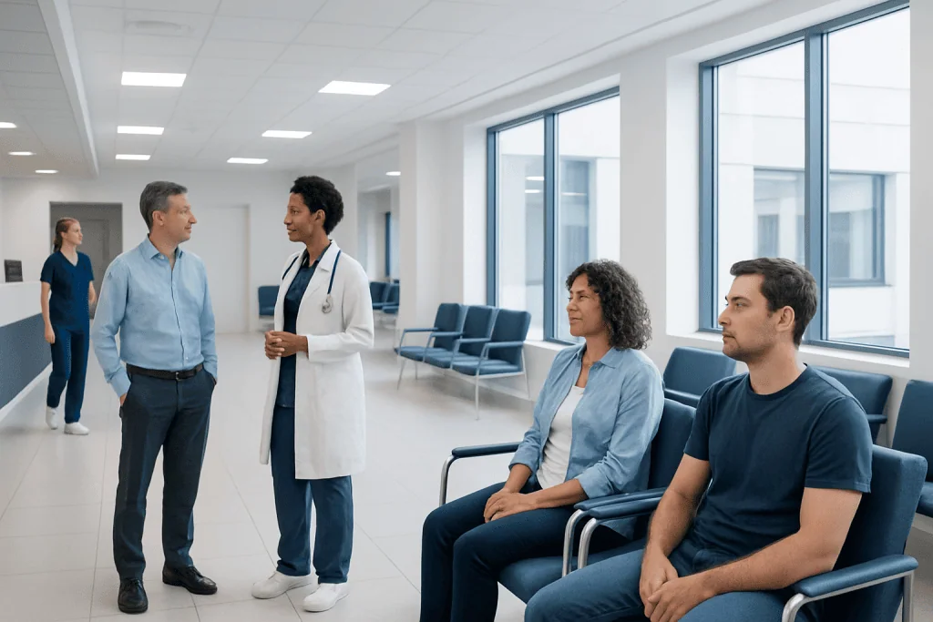 Frenulum Tear — Explained by Medical Evidence, Not Myths 1 Medical consultation in a modern hospital waiting area with diverse patients and staff.