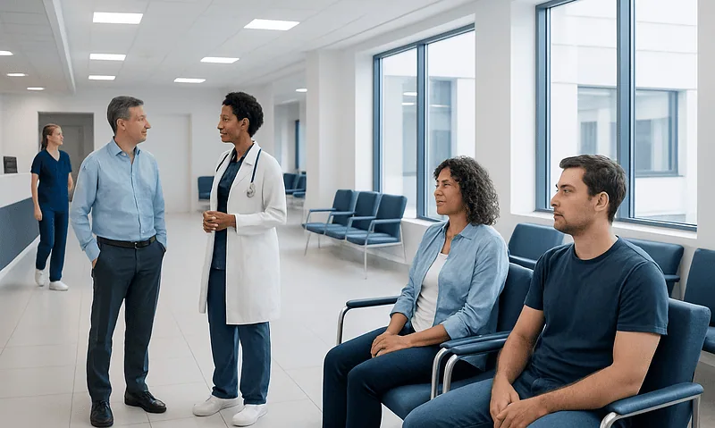 Medical consultation in a modern hospital waiting area with diverse patients and staff.