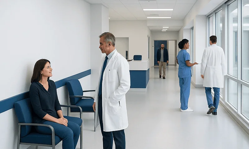 Doctor talking to a patient in a hospital corridor with medical staff nearby.