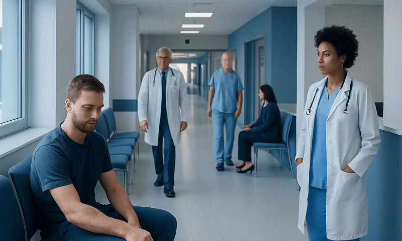 Medical professionals and patient in a hospital corridor at Acibadem Hospitals Group.