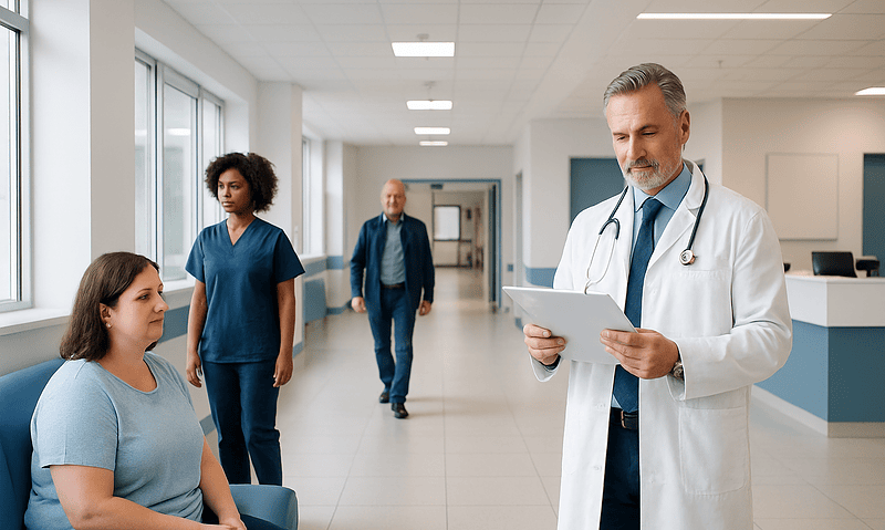 Doctor consulting with patient in hospital corridor at Acibadem Hospitals Group.