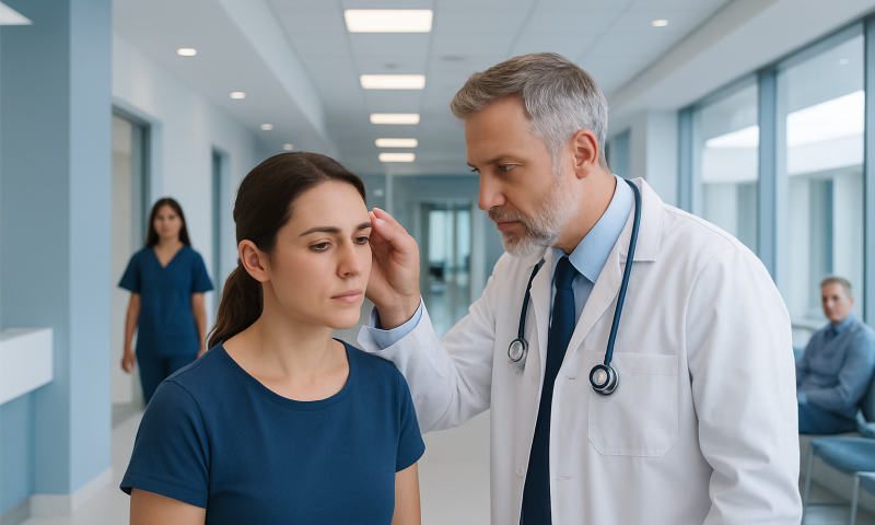 Doctor examining a young woman's ear in a hospital corridor.