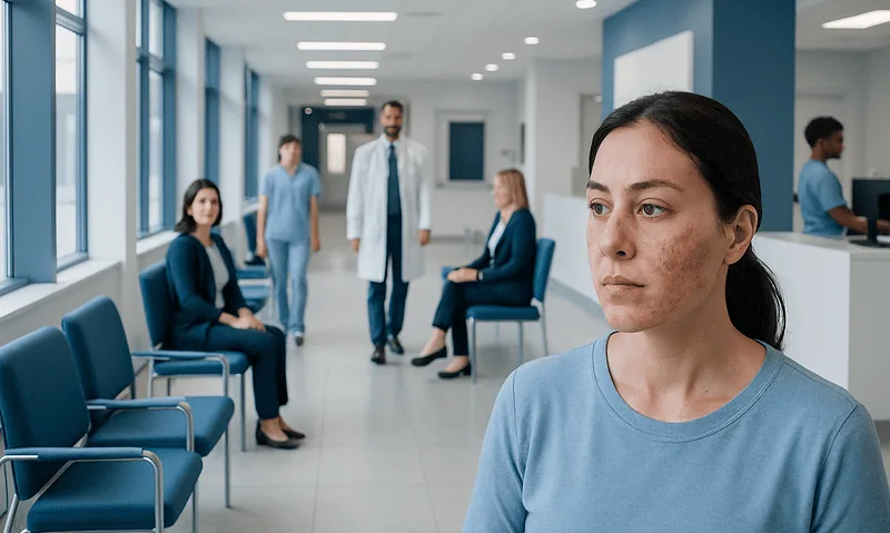 Fungal Infection on Face: Diagnosis, Outlook, and Modern Treatment Approaches 1 Young woman with facial skin condition in hospital waiting area.