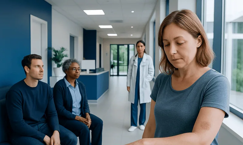 Fungal Rash: Possible Causes and When to Seek Care 4 Woman with fungal rash on her arm in a medical consultation setting.