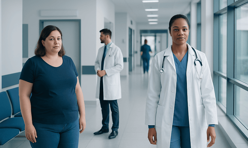 Medical professionals and patient in hospital corridor at Acibadem Hospitals Group.