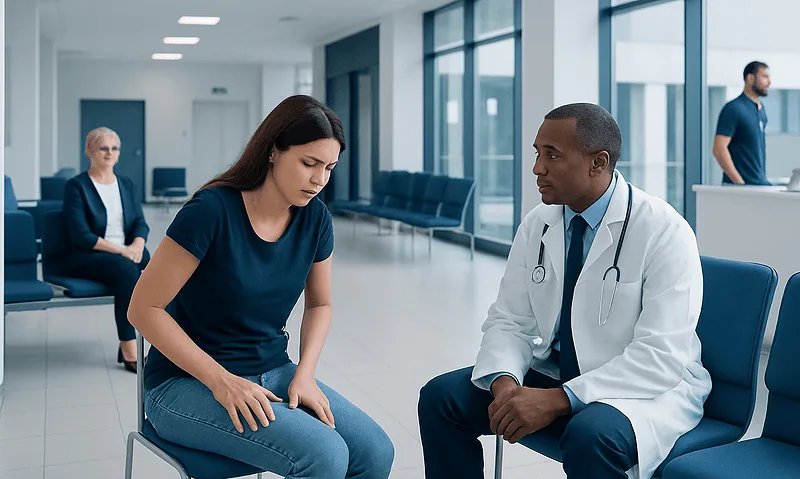 Patient consulting with doctor in hospital waiting area.