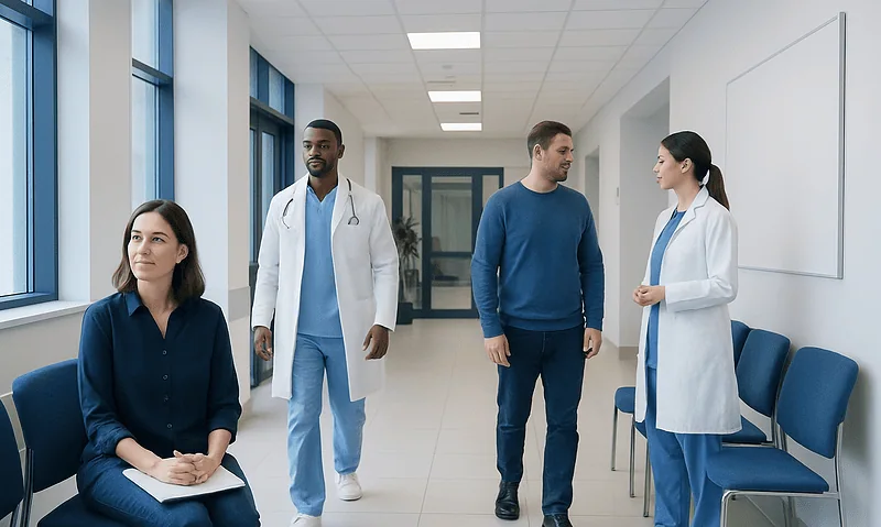 Medical team discussing patient care in hospital corridor.