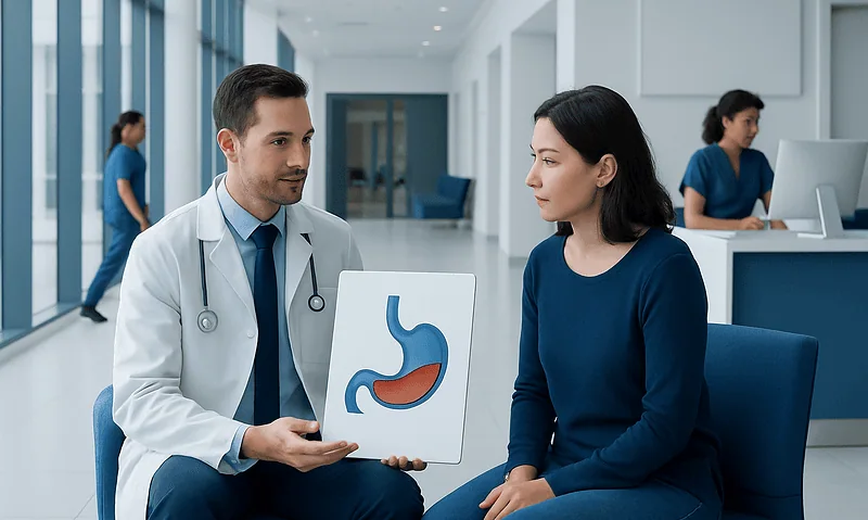 Gastroenterologist explains stomach diagram to patient in hospital corridor.