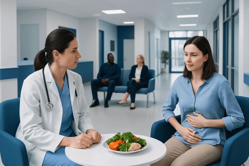 Gastritis Diet: What the Clinical Research Actually Says 1 Doctor consulting a patient about stomach pain in a hospital setting.