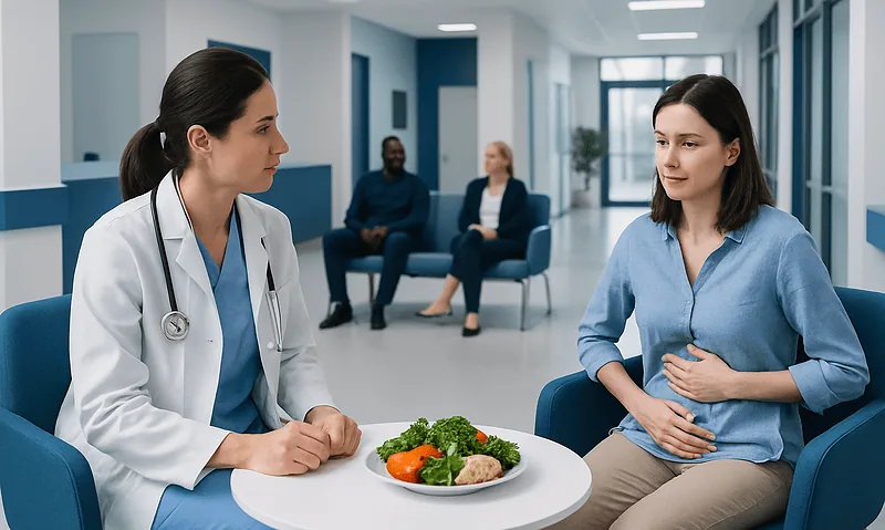 Doctor consulting a patient about stomach pain in a hospital setting.
