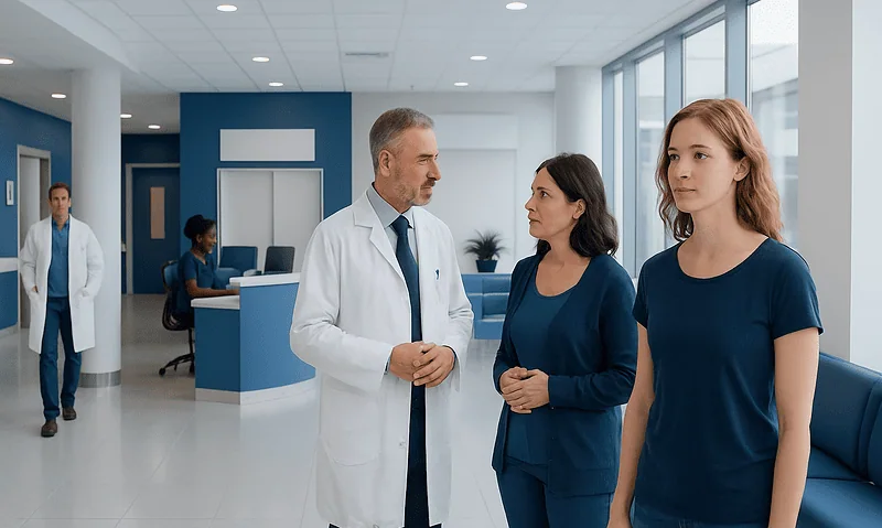 Doctor consulting with two female patients in a modern hospital lobby.