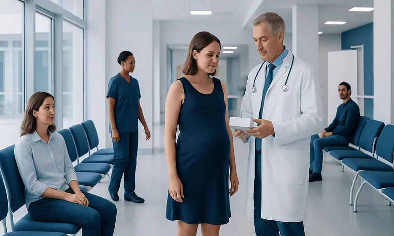 Doctor consulting pregnant woman in hospital corridor with staff in background.