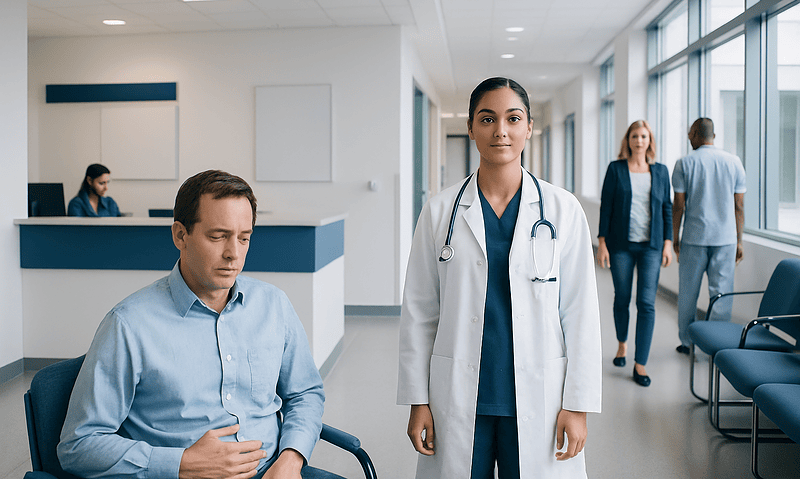 Medical professional and patient in hospital corridor at Acibadem Hospitals Group.