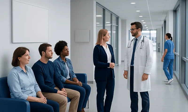 Doctor consulting with patients in a hospital corridor.