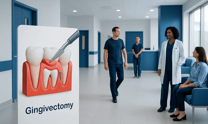 Dental professional discussing gingivectomy with patients in clinic.