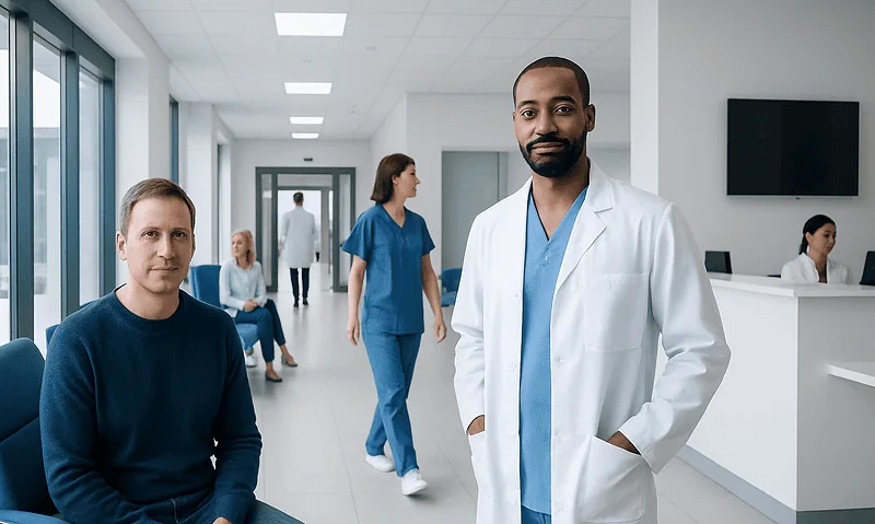 Medical professionals and patient in a modern hospital corridor.