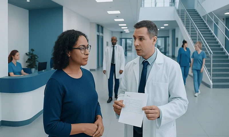Doctor discussing with patient in hospital corridor.