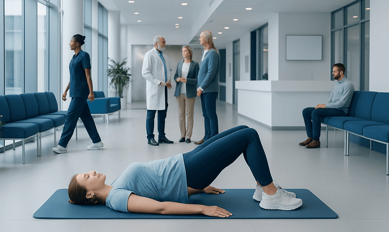 Patient performing glute bridge exercise in a hospital corridor.