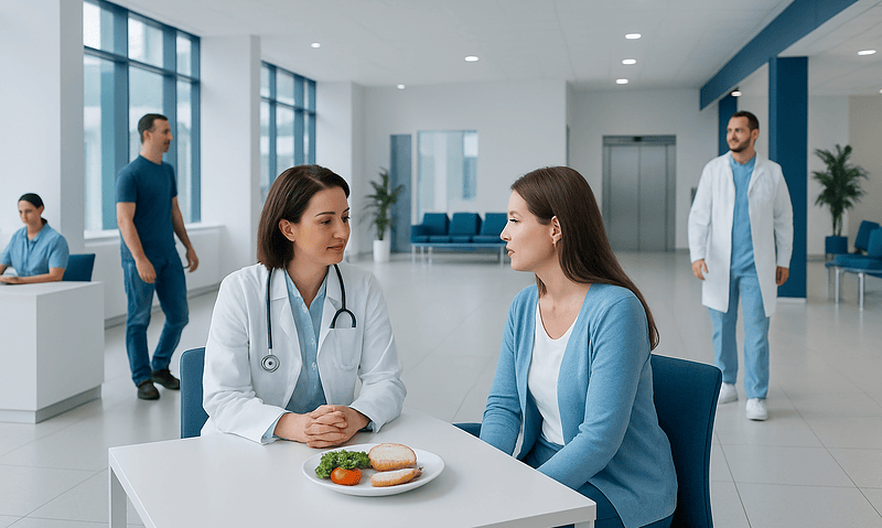 Doctor consulting patient in hospital waiting area with staff in background.