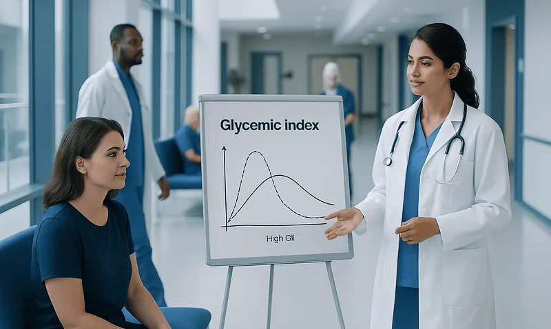 Medical professional explaining glycemic index to patient in hospital corridor.