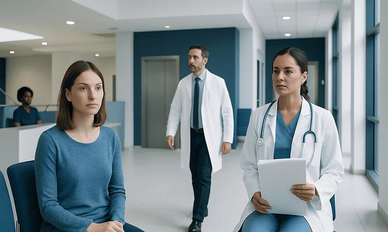 Medical consultation in a modern hospital with a female doctor and patient.