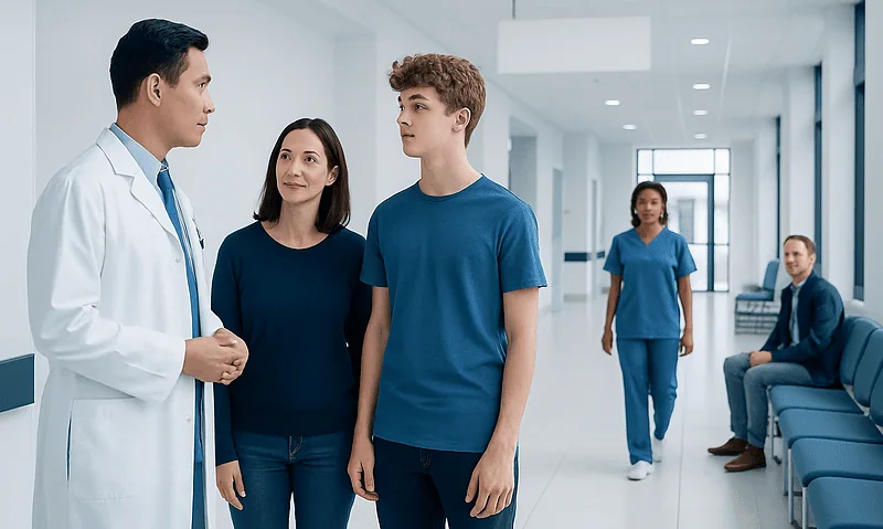 Doctor consulting with a teenage patient in a hospital corridor.