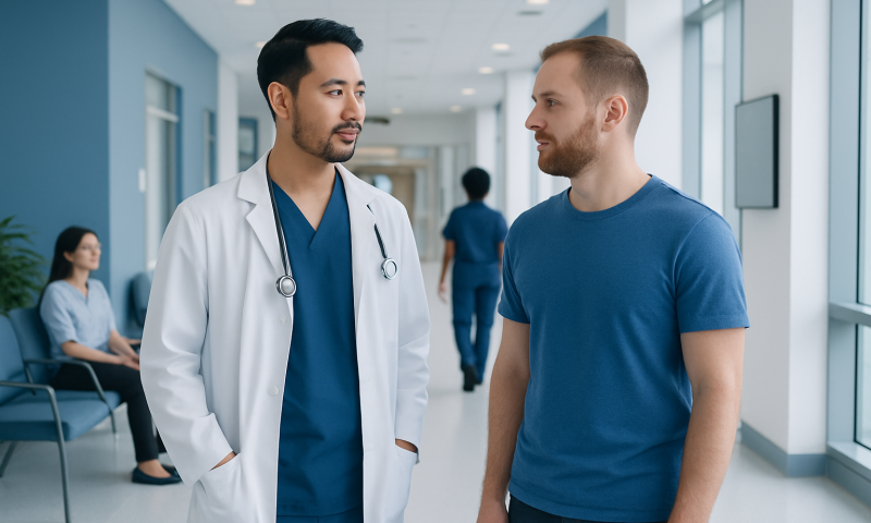 Doctor consulting with a patient in a hospital corridor.