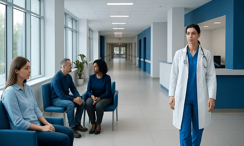 Medical consultation in a modern hospital corridor with doctor and patients.