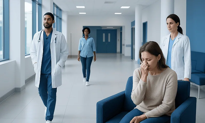 Patient feeling unwell in hospital corridor with medical staff nearby.
