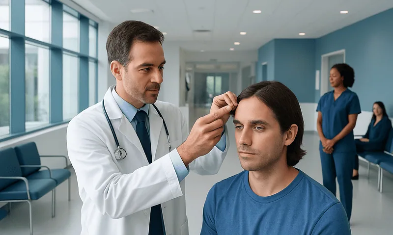 Doctor examining patient's scalp in a modern hospital corridor.