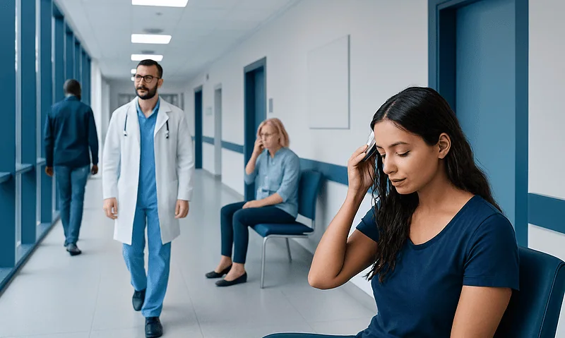 Young woman experiencing headache in hospital corridor with medical staff nearby.