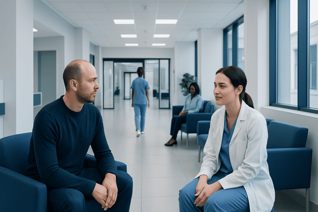 Hair Transplant: How It Works, Recovery, and What to Expect 1 Doctor consulting with patient in modern hospital corridor.