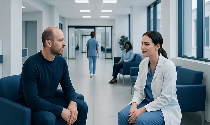 Doctor consulting with patient in modern hospital corridor.