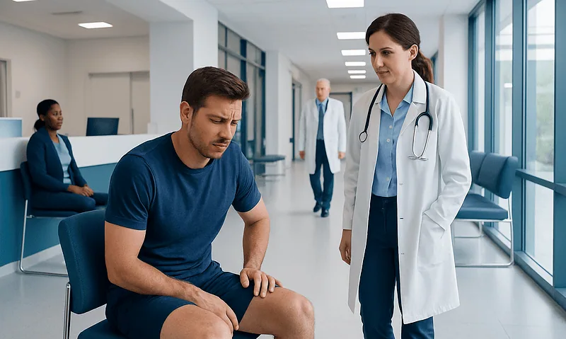Doctor examining a patient's hamstring injury in a hospital corridor.