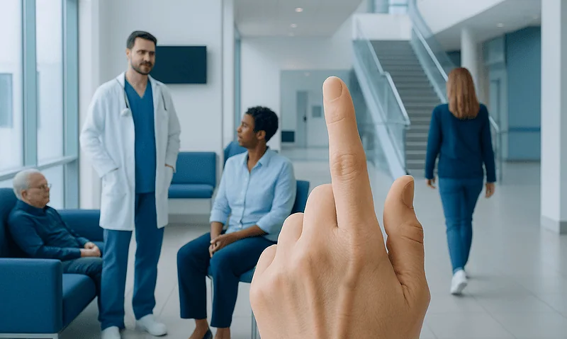 Doctor consulting with patient in hospital waiting area.