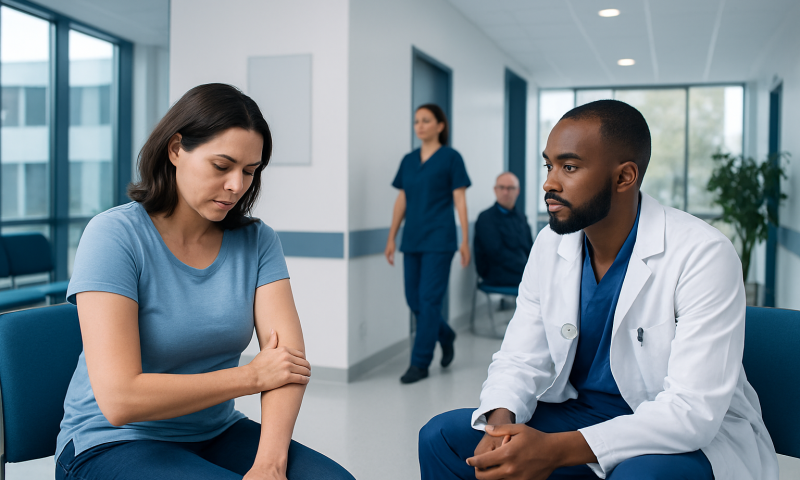 Patient consulting with doctor in hospital corridor.