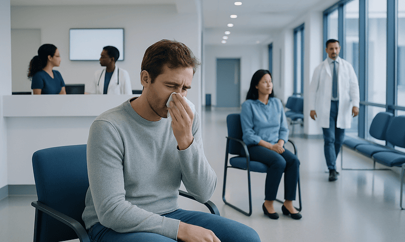 Man with cold symptoms sitting in hospital waiting area.