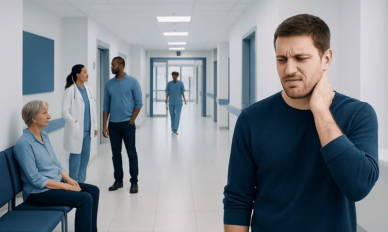 Patient with neck pain in hospital corridor during medical consultation.