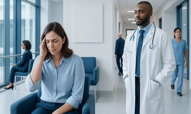 Woman with headache in hospital waiting area with doctor nearby.